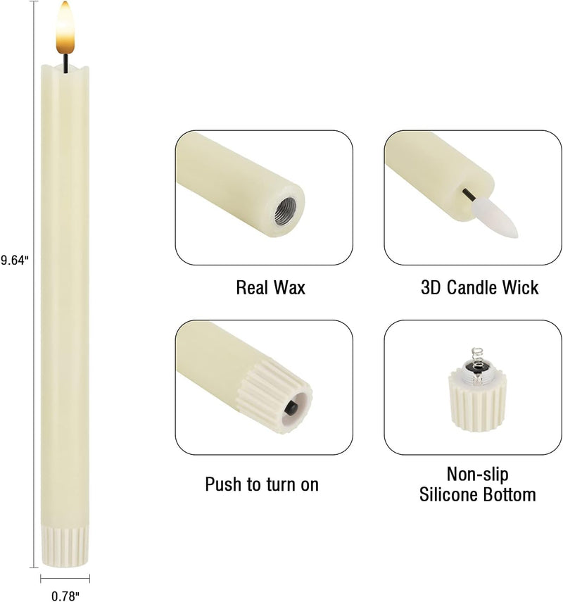 Bitnex Flameless Ivory Taper Candles, Flickering Battery Operated, 3D Wick Warm Light Electric Candles with 10-Key Remote,LED Window Candles Real Wax for Christmas Home Party Wedding Decor(Pack of 6)