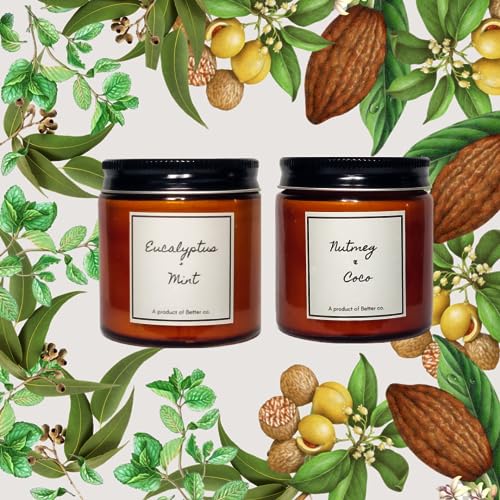 Better co Scented Soy Wax Amber Jar Candle Organic Luxury Aroma Burning Time Upto 20 Hours. Combo Pack of Nutmeg + Coco and Eucalyptus + Mint