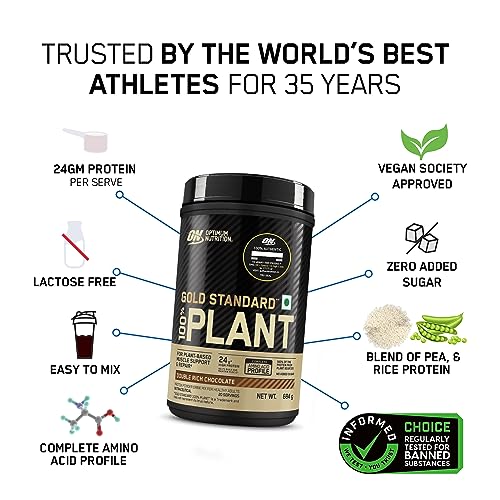 Optimum Nutrition (ON) Gold Standard 100% Plant Protein - 20 Serve, 684 g (Double Rich Chocolate), Vegan, Complete Amino Acid Profile, Zero Added Sugars, Gluten-Free.