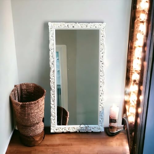 AESTHETIC DECOR 4x2.5 Wooden Carved Wall Mirror Frame Solid Wood, | with Out Mirror | Flower (Deco white,