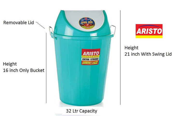 Aristo Swing Lid Garbage Waste Dustbin 32 Ltr (Blue/Green) Pack of 2