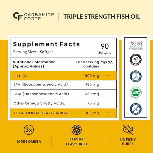 Carbamide Forte Triple Strength Omega 3 Fish Oil Capsules with 495 mg EPA & 330 mg DHA | 90 Softgel Capsules | Supports Heart, Joints and Skin