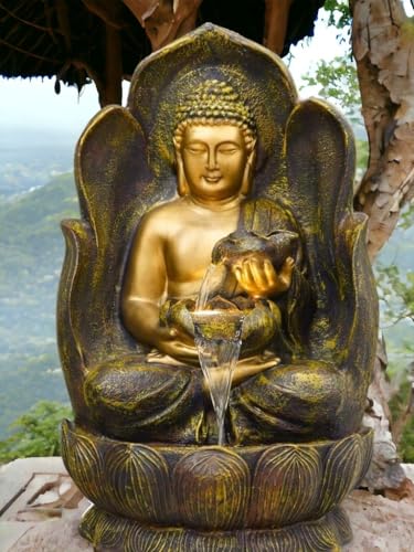 SEPBORN Buddha Statue Fountain with Water Flow, Copper, 90 cm with LED Lights Water Pump