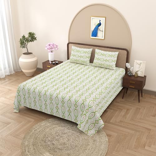 WestNic® 400 TC Super King Size 3 Piece Flat Bedsheet Set for Double Bed with 2 Standard Pillow Covers with Zipper, Jaipuri Prints Cotton | Size: 108 X 108 Inches (Lemon Green)