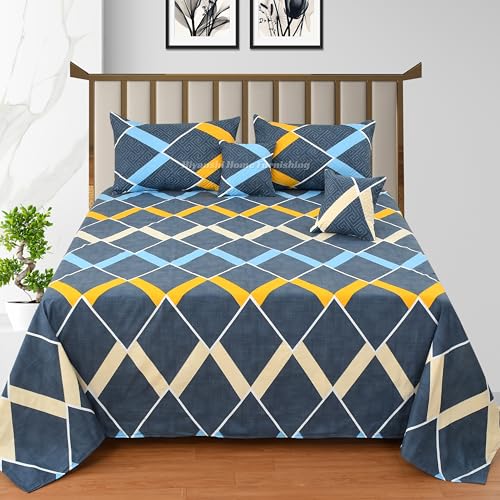 HIYANSHI HOME FURNISHING® 5pc bedsheet Set(1 King Size Bedsheet + 2Pillow Covers with Embroidery+2 Cushion Cover with Embroidery with Filler) (90''x100'' inch 5Pcs Quilting Set, Cyan Blue)