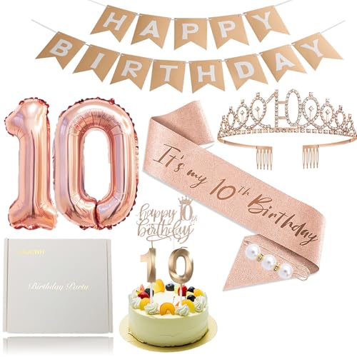 9PCS Rose Gold 10th Birthday Women's Decorations including 10th Birthday Cake Topper, Birthday Queen Sash with Pearl Pin, Sweet Rhinestone Crown, Number Candle and Balloon Set, Happy Birthday Banner