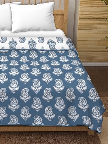 Dream Dwell 100% Pure Cotton Reversible Dohar/AC Blanket for Double Bed |All Weather Light Weight | Floral Design Dohar| Paisley Turkish Flower, Blue and White- Pack of 1