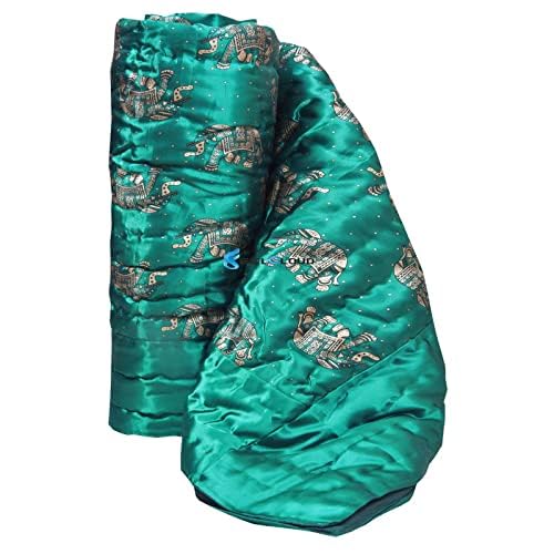 Indiafab Textiles Jaipuri Razai Rajasthani Traditional Silk Fabric Filling Pure Cotton Lightweight Winter and Summer Rajai Quilt Bedding Throw Blanket (Green Elephant Single Bed 60 X 90 INCHES)