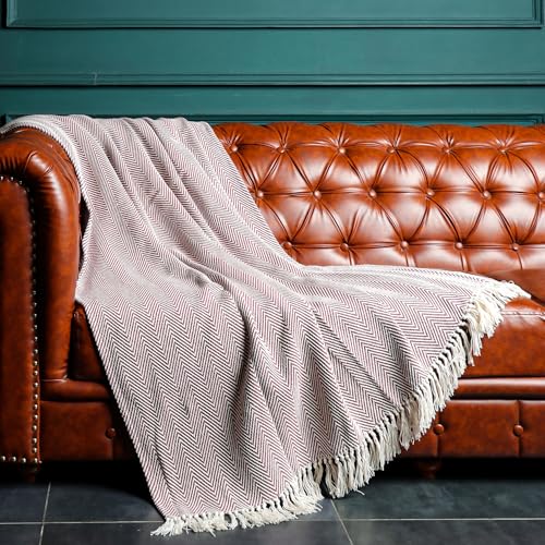 RoyalMantle Cotton Sofa Throw Decorative Luxurious Cozy Comfort - Burgundy Colour (Size - 130 X 180 CM) Herringbone