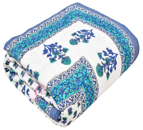 EMIOUR 400 GSM Soft Light Weight Rajasthani Traditional Jaipuri Hand Block Print Summer and Winter Cotton Double Bed Quilt Razai [Double Bed 90 X 105 Inch] Blue