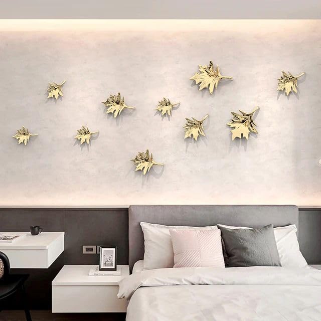 ZOVE Metal Mapple Leaf Set Of 10 Wall Art Perfect For Home, Hotel, Restaurant, Living Room Decoration (Electroplating Gold)