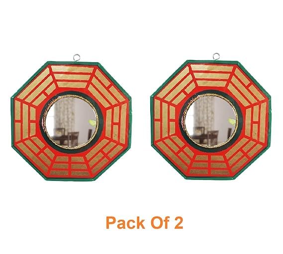 Omdariya Set of Two Vastu Bagua Pakua Convex Wooden Mirror Wall Hanging Décor for Positive (Chi) Energy Set of 2