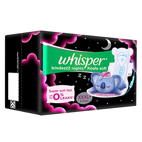 WHISPER BINDAZZZ NIGHTS KOALA SOFT SANITARY PADS, 8 XXXL+ PADS, UPTO 0% LEAKS, 85% LONGER & WIDER BACK, SUPER SOFT TOPSHEET, DOUBLE HUG WINGS, DISPOSABLE WRAPPER, for women