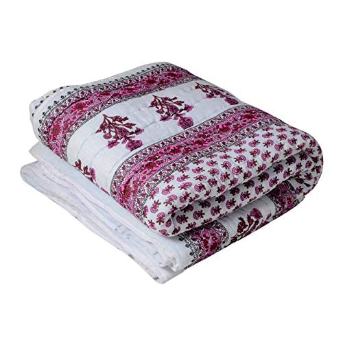 Namaste India Jaipuri Rajasthani Traditional Light Weight Pure Cotton Double Bed Soft Jaipuri AC Quilt/Razai Floral Print (Size 90 X 105 inch Stitch Including) Pink