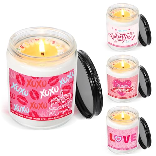 Threlaco 4 Pcs Romantic Gifts for Her, Valentines Day Gifts for Her, Happy Birthday Gifts for Women, Sandalwood, Rose, Lavender, Cream Vanilla Soy Love Candle for Mom Girlfriend Wife, 7 oz