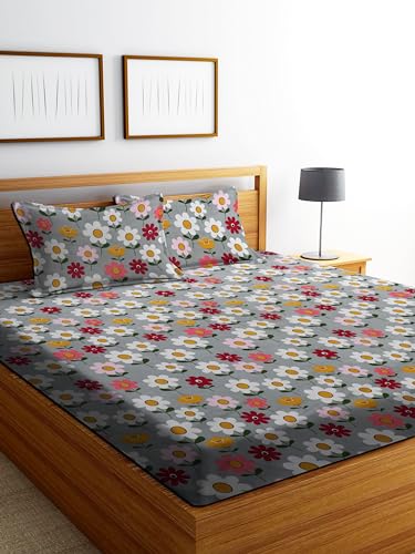 Dream Living 100% Microfiber bedsheet for Double Bed with 2 Pillow Covers Breathable | Wrinkle Free and Super Soft Touch Flat Double Bedsheet Floral Print-Gray with Flowers