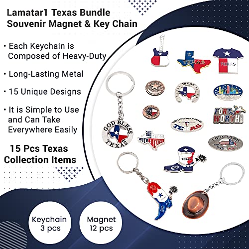 Texas Bundle Souvenir Gift Metalic Magnet Set Fridge Magnet with Texas Souvenir Hat, Boot and God Bless Texas Key Chain (Magnet 12pcs Keychain 3 pcs)