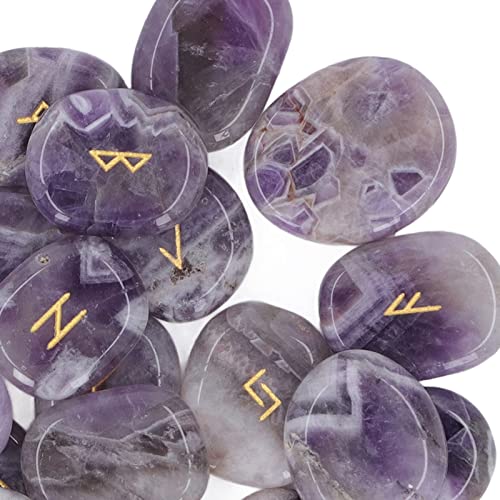 Stones Set, Natural Rune Stones Set Smoother Engraved Fine Polishing with Storage Bag for Gift (Amethyst)