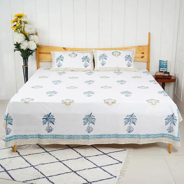 THE JAIPUR WALA Premium Hand Block Printed Pure Cotton Bedsheet-Set King Size (Palm)