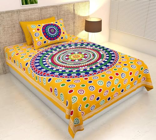 Ubania Collection® 100% Comfort Cotton Jaipuri Rajasthani Traditional Flower Mandala Print TC 144 Single Bed Bedsheet with Pillow Covers for Bedroom (Multicolour)