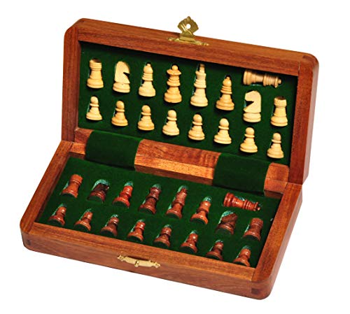 PALM ROYAL HANDICRAFTS Wooden Handmade Foldable Magnetic Chess Board Set with Magnetic Pieces and Extra Queens for Kids and Adults (7.5x7.5 Inches, Brown) Small