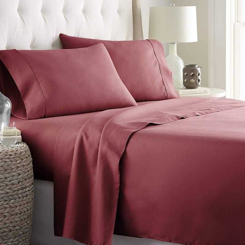 RK LINEN Egyptian Cotton 550 Thread Count 4 Pieces Breathable |Luxurious |Ultra Soft| Sateen Weave 1 Flat + 1 Fitted (Up to 12" Deep) + 2 Pillow Bedsheet Set|| Queen Size,Burgundy Solid