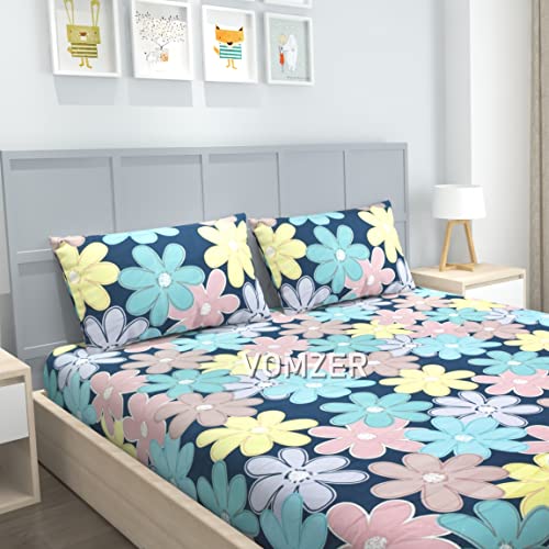 VOMZER 300 Tc Cotton Feel All Around Elastic Fitted Bedsheets King Size, Premium Elastic Fitted King Size Bed Sheet For Double Bed With 2 Pillow Covers, Size- 78" X 72" (Multi Flower)