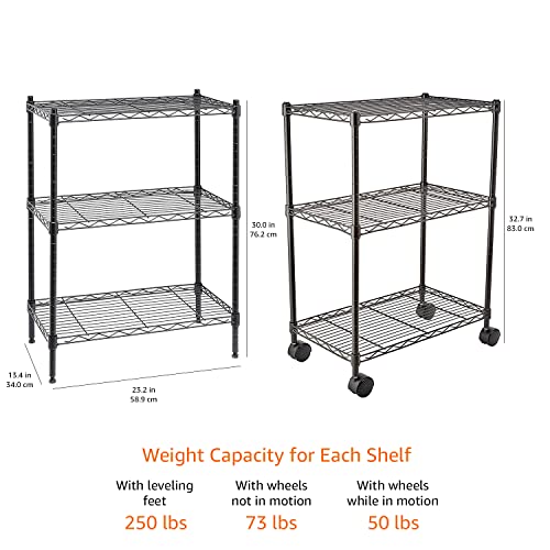 amazon basics Height Adjustable 3-Shelves Heavy Duty Rack with Wheels (Black)