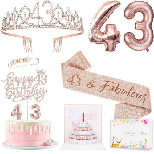 43rd Birthday Decorations for Her Women, Including 43 year old Birthday Cake Topper, Birthday Queen Sash with Pearl Pin, Sweet Rhinestone Tiara Crown, Number Candles and Balloons Set, Rose Gold