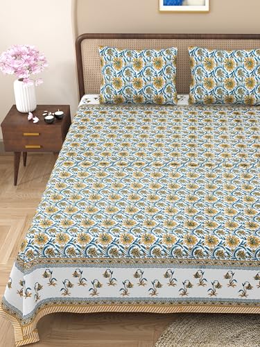 WestNic® 400 TC Super King Size 3 Piece Flat Bedsheet Set for Double Bed with 2 Standard Pillow Covers with Zipper, Jaipuri Print Cotton | Size: 108 X 108 Inches (Apricot Yellow)