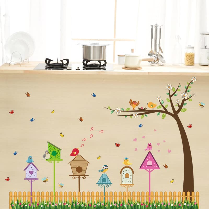 JAAMSO ROYALS Cartoon Bird Nest House Tree Branch Decorative Self Adhesive Peel and Stick Vinyl Kids Room Décor Wall Sticker