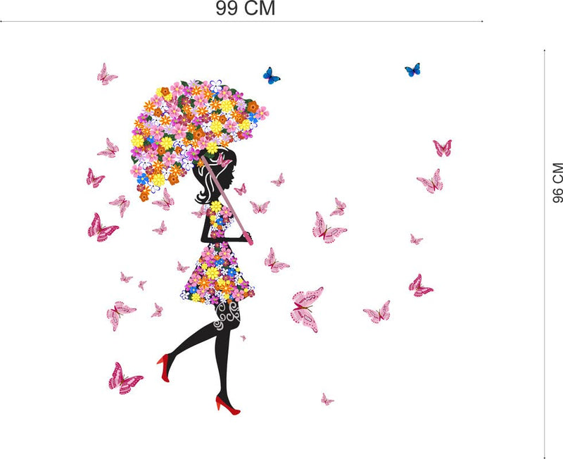 K2A Design Floral Umbrella Girl and Beautifull Butterflies Wall Sticker Multicolor PVC Vinyl 96x99 Cm