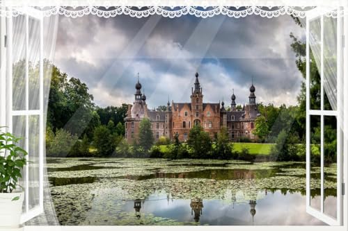 JVERF - JZZB01477 Belgium Castles Pond| Self-Adhesive Open Window Wall Sticker