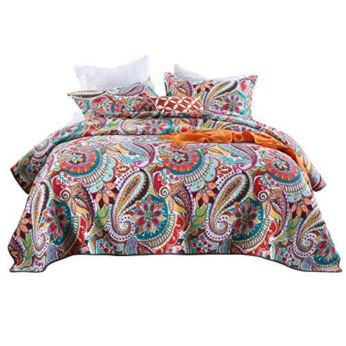 Qucover Queen Quilt Set 3-Piece Reversible Paisley Blossom Pattern Bedspreads Bedding Set, Soft Cotton Summer Quilt with Pillow Shame for All Seasons, 90x98 Inch