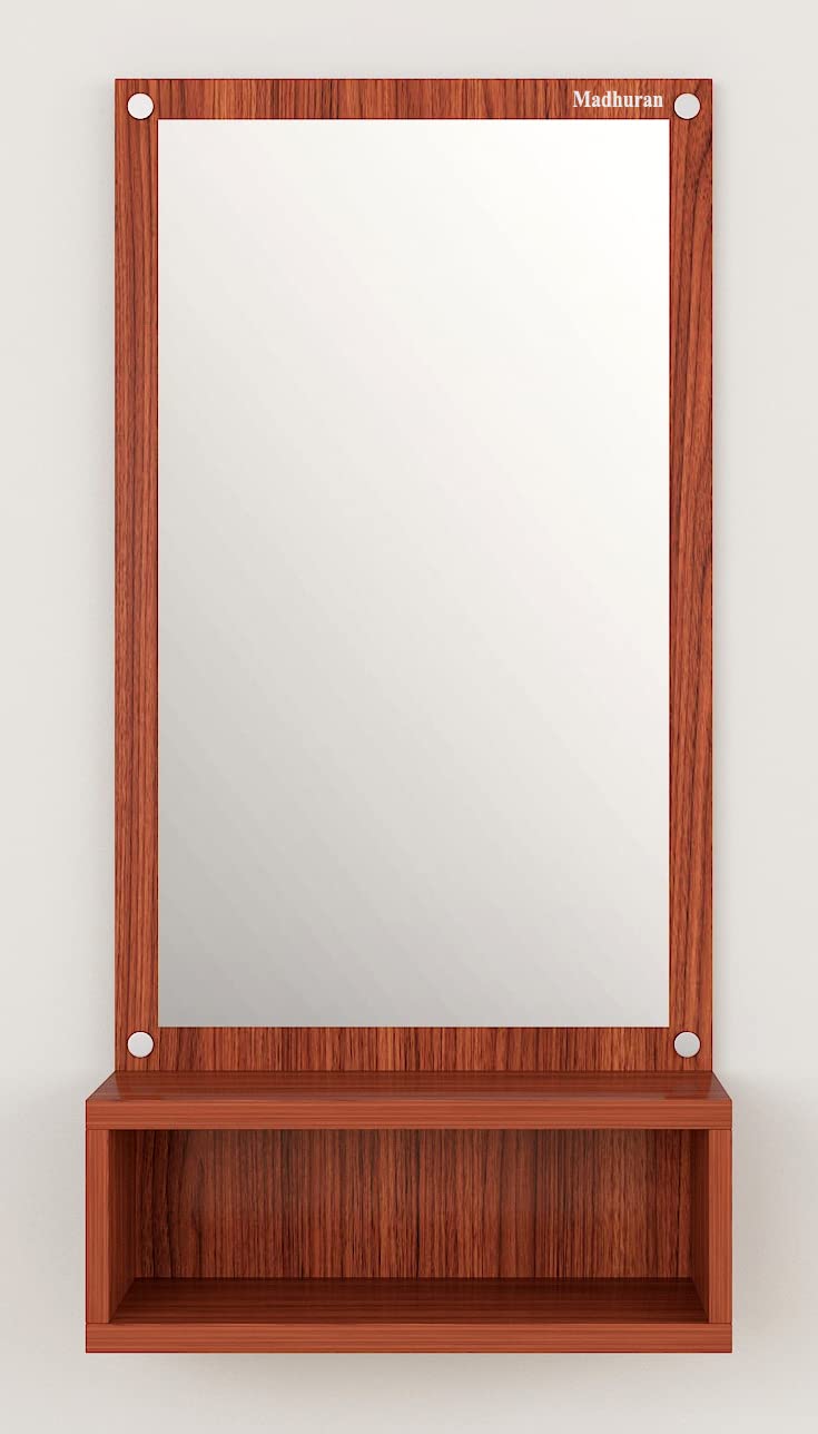 Madhuran Engineered Wood Wall Mounted Mirrors with Storage Box Stand (Laminated Teak) / Fancy Rectangular Hanging Home Makeup Items Living Room Office Bedroom Bathroom
