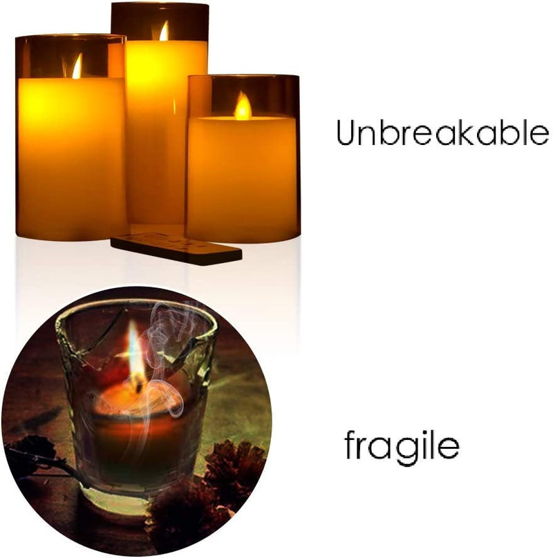 VEROX Flameless LED Candles with Golden Acrylic Glass, Remote Control and Timer - AA Battery-Powered for Home, Festival and Wedding Decor (Set of 3-3" D x 4", 5", 6" H)