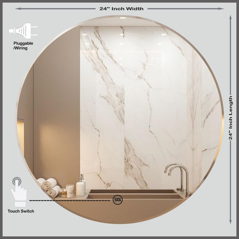 Spark Glass Round LED Sensor Mirror - White, Warm White, Mix Light - 24x24 Inch