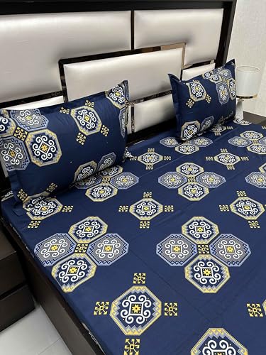 Pure Decor 100% Pure Cotton Velar SIB Collection King Size Procian Print Bedsheet for Double Bed (108"X108") with 2 Pillow Covers PD 4272 - Ethnic, Blue