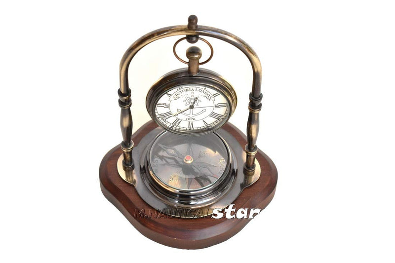 Brass Antique Desk Clock with Compass Working with Wooden Base Home Decor