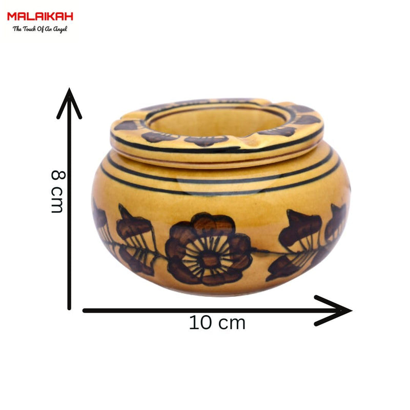 Malaikah Brown Theme Ceramic Gold Brown Print Ashtray with a piece of lid, Ideal for Table and Side Table, Pack of 2