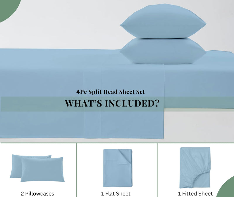 Top split king sheets sets for adjustable beds, Half split king sheet sets for adjustable beds deep pocket, 34" Split Top king Sheets 400 Thread Count 100% Cotton (Half Split Fitted), Light Blue Solid