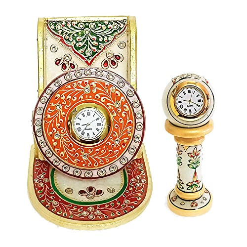 Handicraft Kingdom Mobile Holder For Bedroom | Cell Phone Desktop Stand With Inbuilt Small Clock & Pillar Clock For Kitchen Living Room & Office Table | Approx Size (4.5 Inch) & Wt (1050 Gm) Pack Of 2