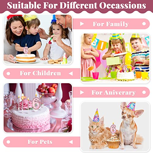 2.75" Large Pink Glitter 6th Year Happy Birthday Candles Girls Number Candles for Birthday Cakes Sequin Numeral Princess Candles Number Birthday Cake Topper with 10 Long Thin Cupcake Candle for Party