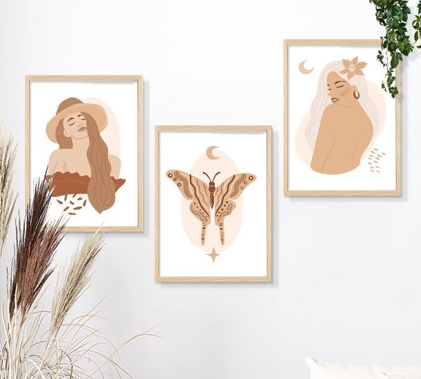 SAF paintings BOHO Set of 3 Modern Art Premium Brown frame Bohemian Painting for Wall Decoration Digital Reprint 13.5 inch x 10.5 inch Bohemian Painting (With Frame, Pack of 3) B206K3