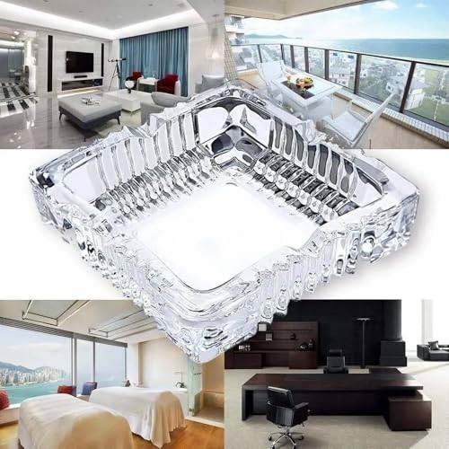 SIDSONS Large Glass Ashtray Square Cigarettes Cigars Crystal Cut Effect Transparent Glass Ash Tray Glass Indoor Outdoor Home Office Tabletop Restaurant Pub Garden, 18cm x 18cm 4cm Height