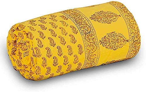 Lilfly Traditional Multicolour Light Weight Pure Cotton Single Bed Soft Jaipuri AC Quilt/Razai with Gold Block Print Quilts Blankets for Home (Size 55X85 inch) Floral Yellow TDS-92