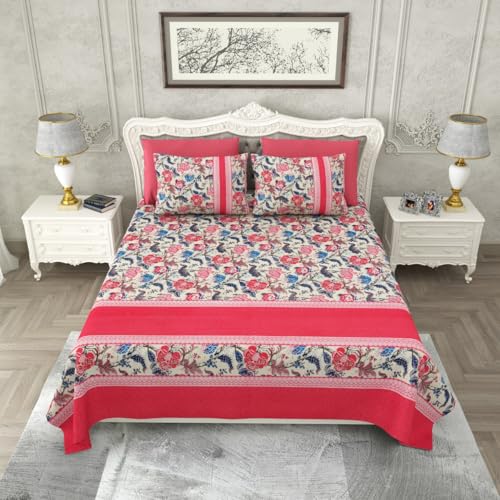 Label 7/7 100% Cotton Flat Double Bedsheet King Size with 2 King Size Pillow Covers | Double Bed Breathable | Wrinklefree | Ultrasoft 200 TC Supersoft |108 x 108 Inches | Floral (Red)