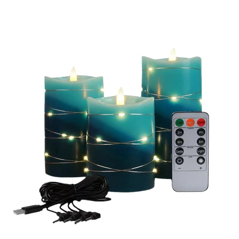 Xinhidar Flameless Candle is Rechargeable, Equipped with Embedded String Lights, 3 LED Candles, 11 Key Remote Control, 24-Hour Timer Function, pulsating Flame, Real Wax. (Ocean Blue)