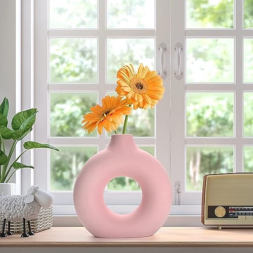 Trisha Decor Pink Vase/Flower Vase/Pampas Grass Vase/Ceramic Vase/Round Shaped Vase/Home Decor Centrepiece/Decor Showpiece Donut Vase 8 Inches