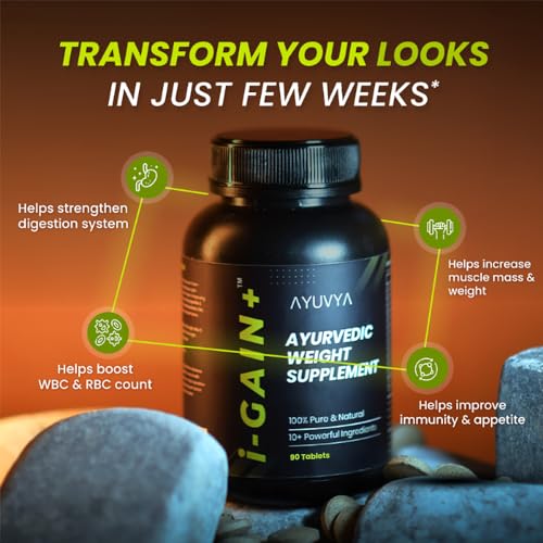 Ayuvya i-Gain+ Ayurvedic Weight Gainer| Helps in Increasing Muscle Mass & Strength | Herbal & Natural, Weight Gain Tablets | New & Improved Formula | 100% Ayurvedic | 90 Tablets